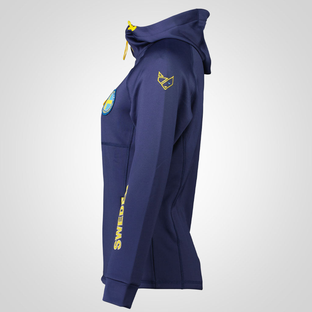 Mörkblå hoodie i dammodell med blixtlås/dragkedja. Gula detaljer. Produktbild från sidan..